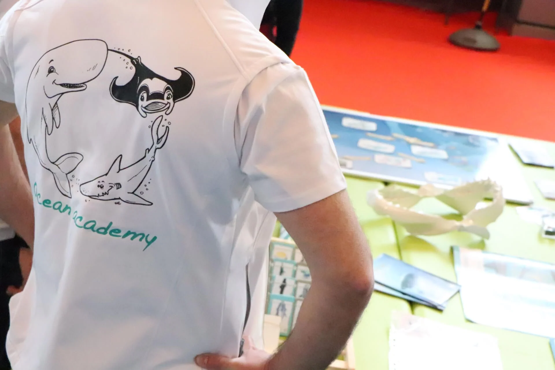 Un bénévole Ocean academy vu de dos avec le Tshirt qui porte le logo de l'association.