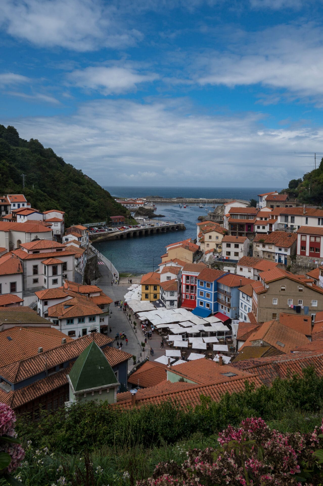 Bord de mer, habitations blanches aux toits de tuile