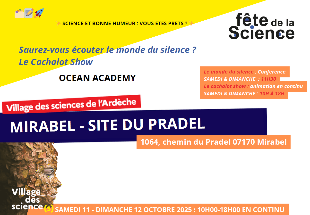 Affiche d'intervention d'Ocean academy au village des sciences de l'Ardèche Mirabel les 11 et 12 Octobre 2025