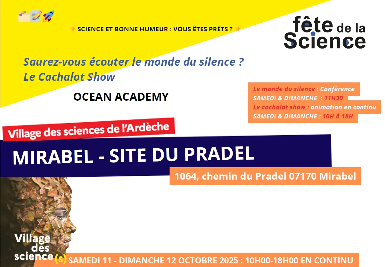 Affiche d'intervention d'Ocean academy au village des sciences de l'Ardèche Mirabel les 11 et 12 Octobre 2025
